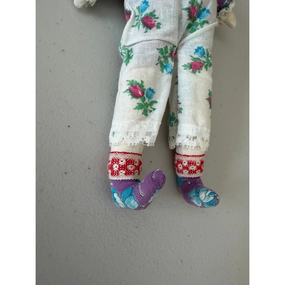 Vintage 70s Russian Babushka Cloth Doll Braided Yarn Hair Folk Art Rag Toy